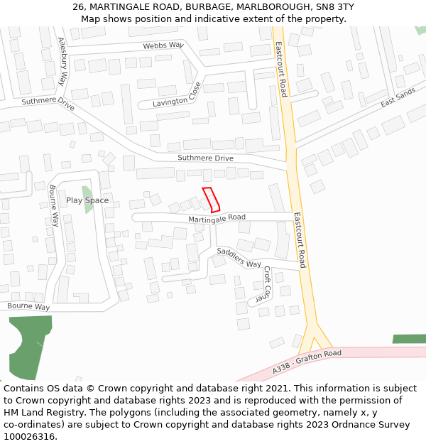 26, MARTINGALE ROAD, BURBAGE, MARLBOROUGH, SN8 3TY: Location map and indicative extent of plot