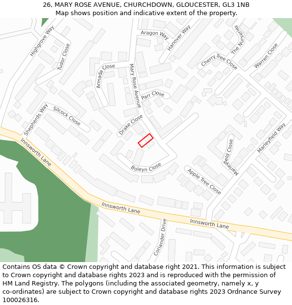 26, MARY ROSE AVENUE, CHURCHDOWN, GLOUCESTER, GL3 1NB: Location map and indicative extent of plot