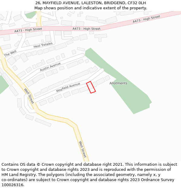 26, MAYFIELD AVENUE, LALESTON, BRIDGEND, CF32 0LH: Location map and indicative extent of plot