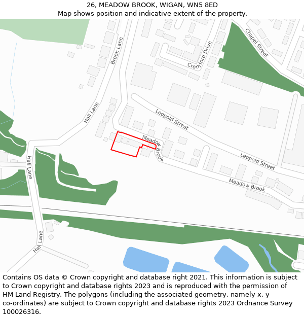 26, MEADOW BROOK, WIGAN, WN5 8ED: Location map and indicative extent of plot