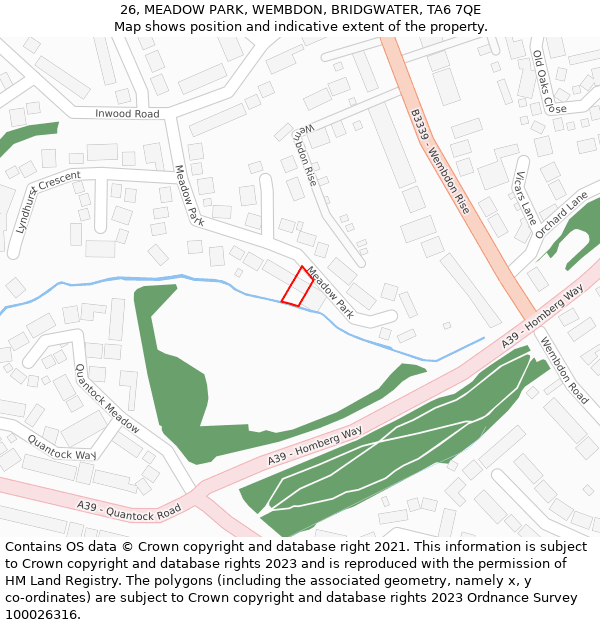 26, MEADOW PARK, WEMBDON, BRIDGWATER, TA6 7QE: Location map and indicative extent of plot