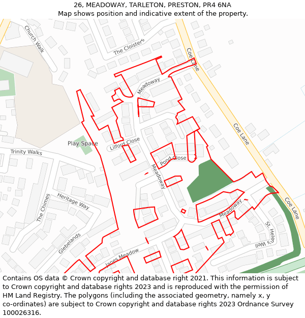 26, MEADOWAY, TARLETON, PRESTON, PR4 6NA: Location map and indicative extent of plot