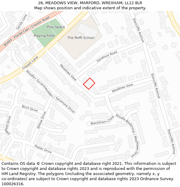 26, MEADOWS VIEW, MARFORD, WREXHAM, LL12 8LR: Location map and indicative extent of plot