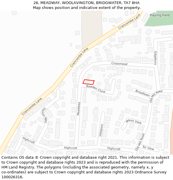 26, MEADWAY, WOOLAVINGTON, BRIDGWATER, TA7 8HA: Location map and indicative extent of plot