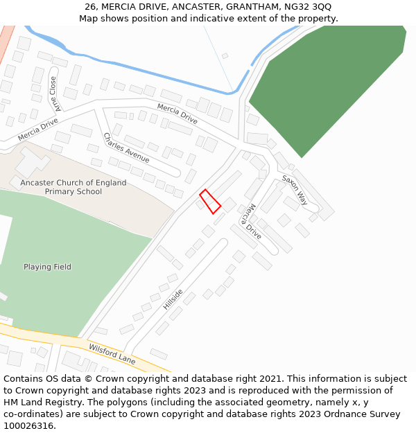 26, MERCIA DRIVE, ANCASTER, GRANTHAM, NG32 3QQ: Location map and indicative extent of plot