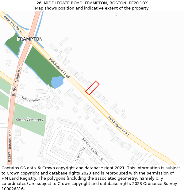 26, MIDDLEGATE ROAD, FRAMPTON, BOSTON, PE20 1BX: Location map and indicative extent of plot