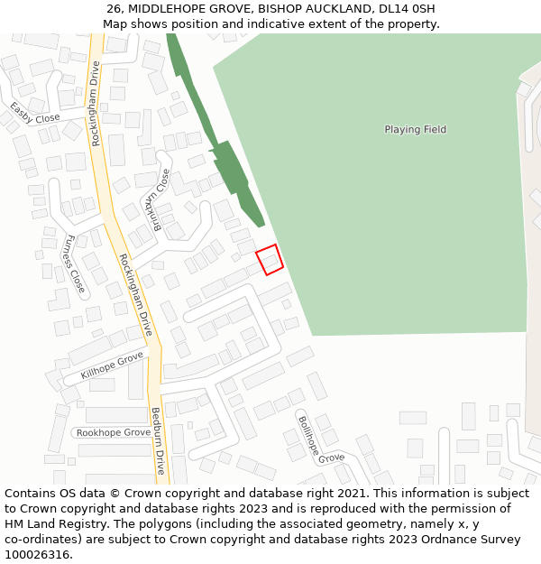 26, MIDDLEHOPE GROVE, BISHOP AUCKLAND, DL14 0SH: Location map and indicative extent of plot