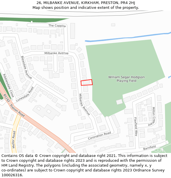 26, MILBANKE AVENUE, KIRKHAM, PRESTON, PR4 2HJ: Location map and indicative extent of plot