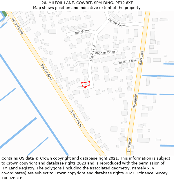 26, MILFOIL LANE, COWBIT, SPALDING, PE12 6XF: Location map and indicative extent of plot