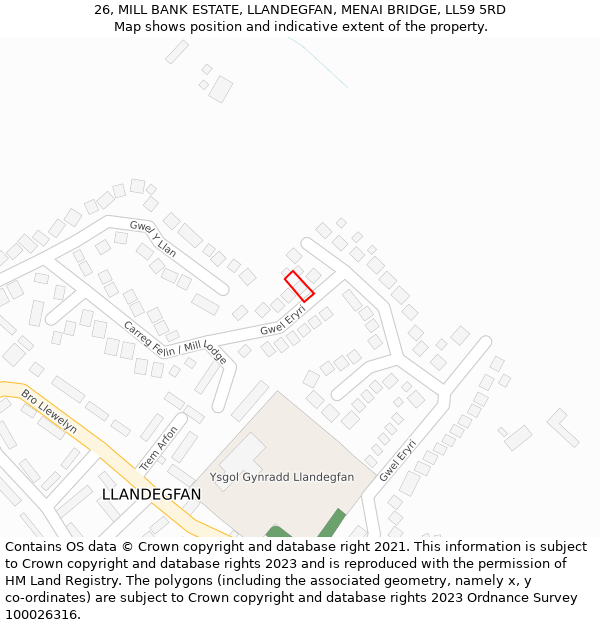 26, MILL BANK ESTATE, LLANDEGFAN, MENAI BRIDGE, LL59 5RD: Location map and indicative extent of plot