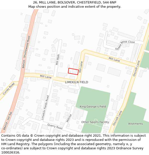 26, MILL LANE, BOLSOVER, CHESTERFIELD, S44 6NP: Location map and indicative extent of plot