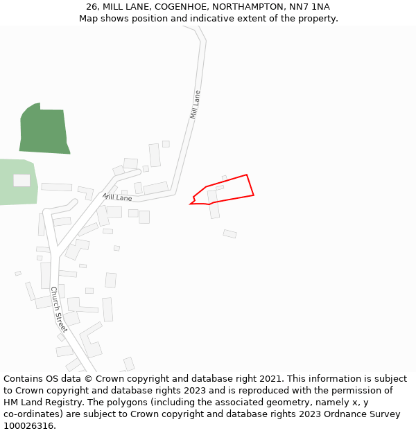 26, MILL LANE, COGENHOE, NORTHAMPTON, NN7 1NA: Location map and indicative extent of plot