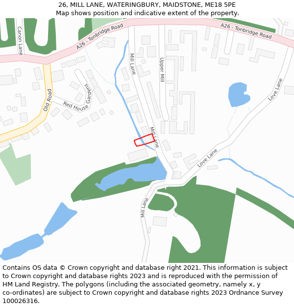 26, MILL LANE, WATERINGBURY, MAIDSTONE, ME18 5PE: Location map and indicative extent of plot