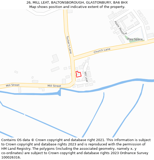 26, MILL LEAT, BALTONSBOROUGH, GLASTONBURY, BA6 8HX: Location map and indicative extent of plot