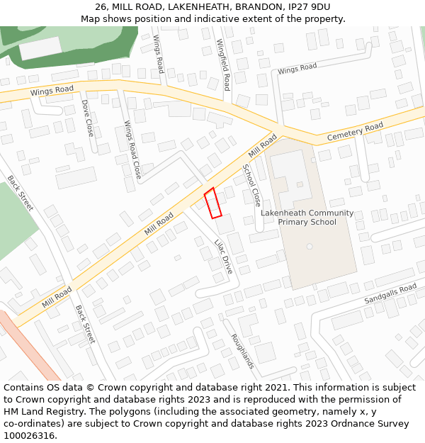 26, MILL ROAD, LAKENHEATH, BRANDON, IP27 9DU: Location map and indicative extent of plot