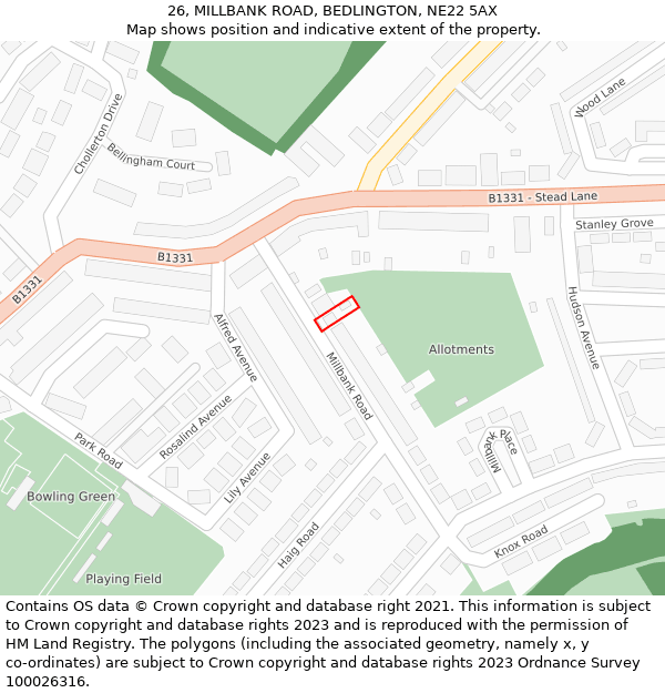 26, MILLBANK ROAD, BEDLINGTON, NE22 5AX: Location map and indicative extent of plot