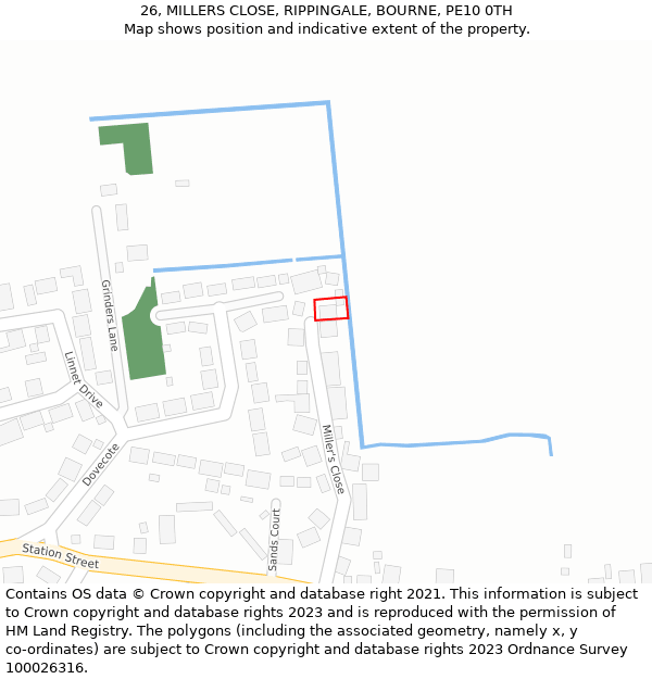 26, MILLERS CLOSE, RIPPINGALE, BOURNE, PE10 0TH: Location map and indicative extent of plot