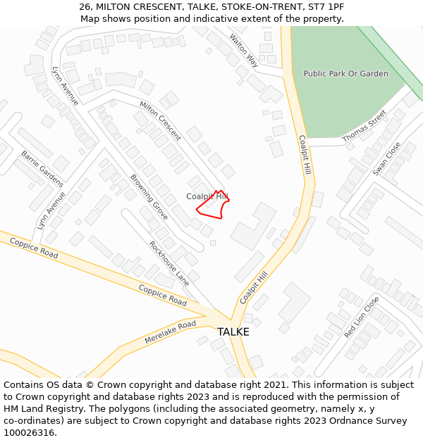 26, MILTON CRESCENT, TALKE, STOKE-ON-TRENT, ST7 1PF: Location map and indicative extent of plot