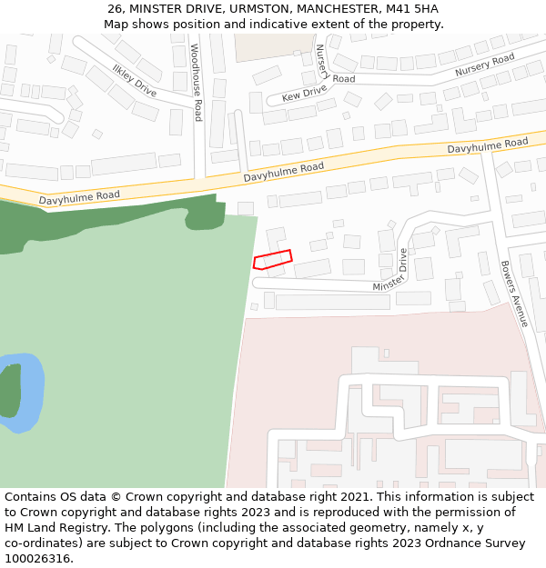 26, MINSTER DRIVE, URMSTON, MANCHESTER, M41 5HA: Location map and indicative extent of plot