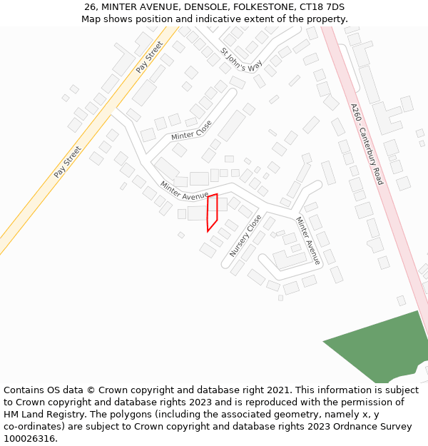 26, MINTER AVENUE, DENSOLE, FOLKESTONE, CT18 7DS: Location map and indicative extent of plot