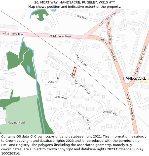 26, MOAT WAY, HANDSACRE, RUGELEY, WS15 4TT: Location map and indicative extent of plot