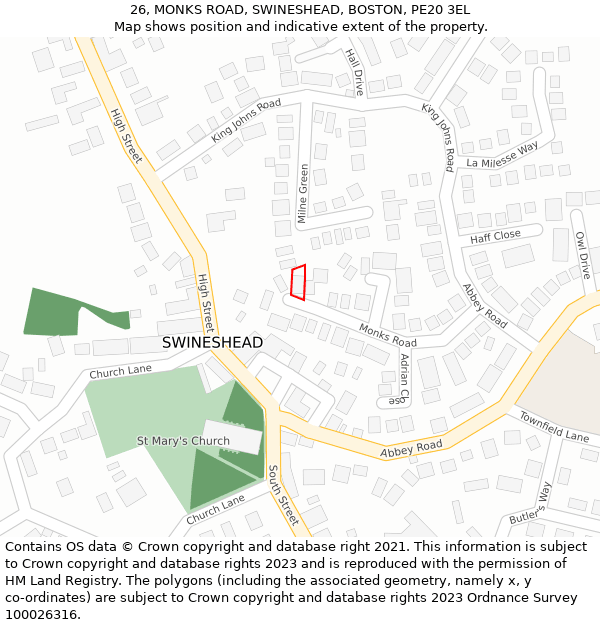 26, MONKS ROAD, SWINESHEAD, BOSTON, PE20 3EL: Location map and indicative extent of plot