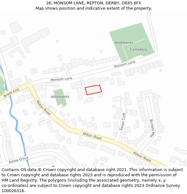 26, MONSOM LANE, REPTON, DERBY, DE65 6FX: Location map and indicative extent of plot