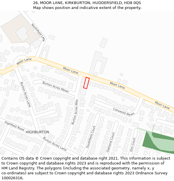 26, MOOR LANE, KIRKBURTON, HUDDERSFIELD, HD8 0QS: Location map and indicative extent of plot