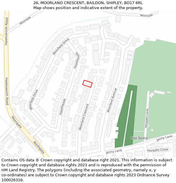 26, MOORLAND CRESCENT, BAILDON, SHIPLEY, BD17 6RL: Location map and indicative extent of plot