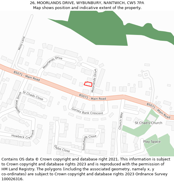 26, MOORLANDS DRIVE, WYBUNBURY, NANTWICH, CW5 7PA: Location map and indicative extent of plot