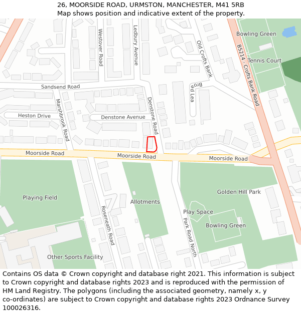 26, MOORSIDE ROAD, URMSTON, MANCHESTER, M41 5RB: Location map and indicative extent of plot