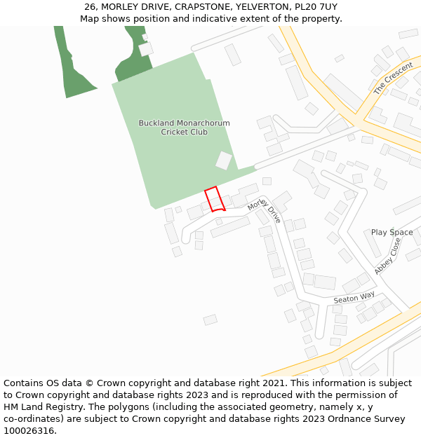 26, MORLEY DRIVE, CRAPSTONE, YELVERTON, PL20 7UY: Location map and indicative extent of plot