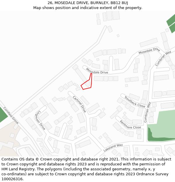 26, MOSEDALE DRIVE, BURNLEY, BB12 8UJ: Location map and indicative extent of plot