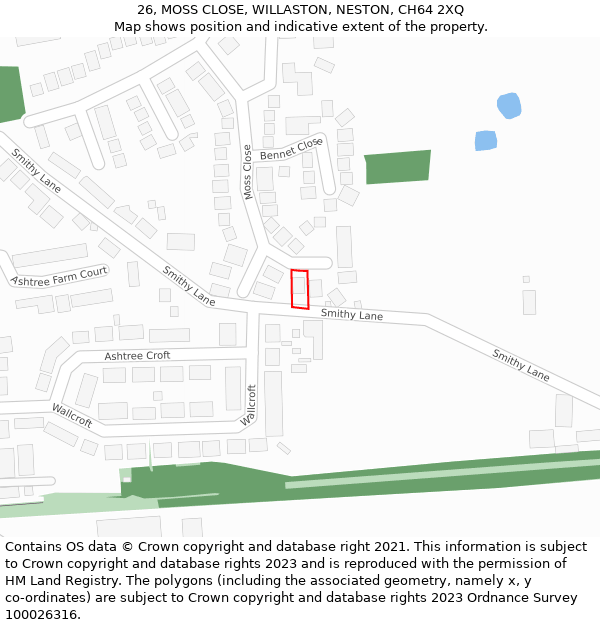 26, MOSS CLOSE, WILLASTON, NESTON, CH64 2XQ: Location map and indicative extent of plot