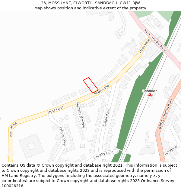 26, MOSS LANE, ELWORTH, SANDBACH, CW11 3JW: Location map and indicative extent of plot