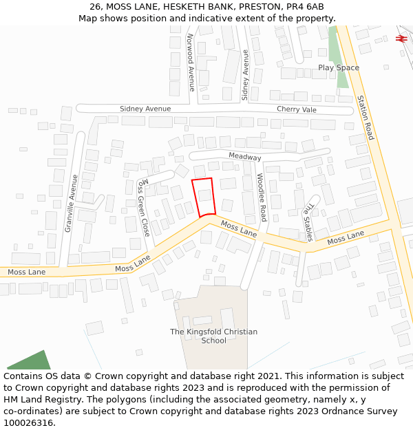 26, MOSS LANE, HESKETH BANK, PRESTON, PR4 6AB: Location map and indicative extent of plot