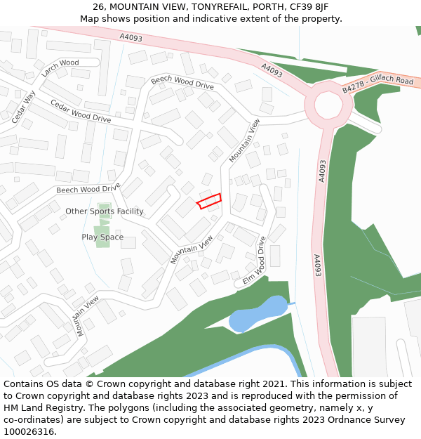 26, MOUNTAIN VIEW, TONYREFAIL, PORTH, CF39 8JF: Location map and indicative extent of plot