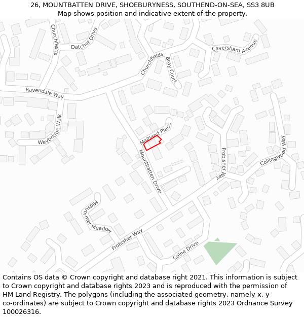 26, MOUNTBATTEN DRIVE, SHOEBURYNESS, SOUTHEND-ON-SEA, SS3 8UB: Location map and indicative extent of plot