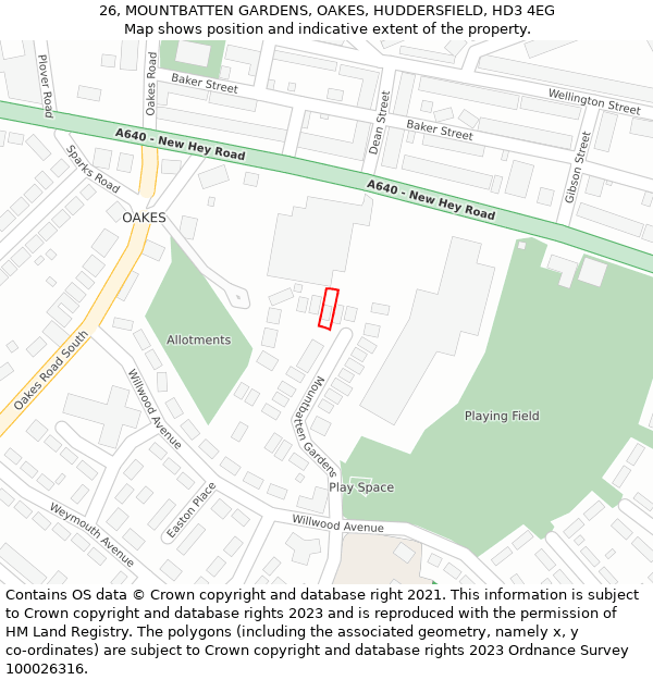 26, MOUNTBATTEN GARDENS, OAKES, HUDDERSFIELD, HD3 4EG: Location map and indicative extent of plot