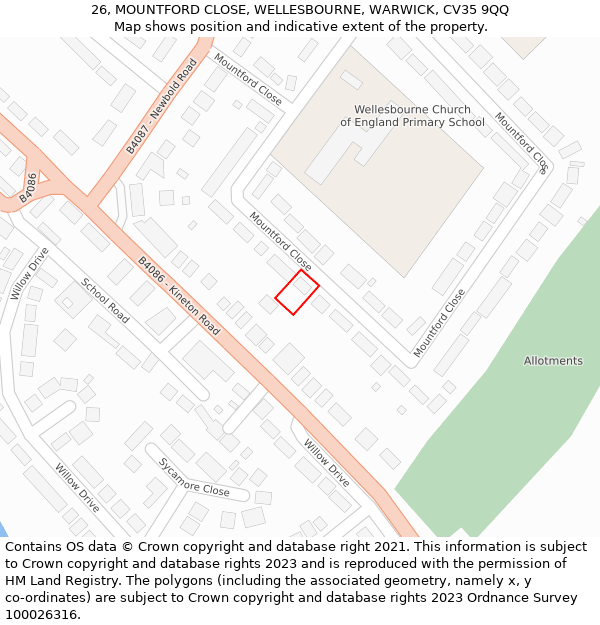 26, MOUNTFORD CLOSE, WELLESBOURNE, WARWICK, CV35 9QQ: Location map and indicative extent of plot