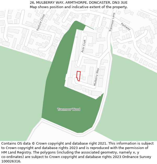 26, MULBERRY WAY, ARMTHORPE, DONCASTER, DN3 3UE: Location map and indicative extent of plot