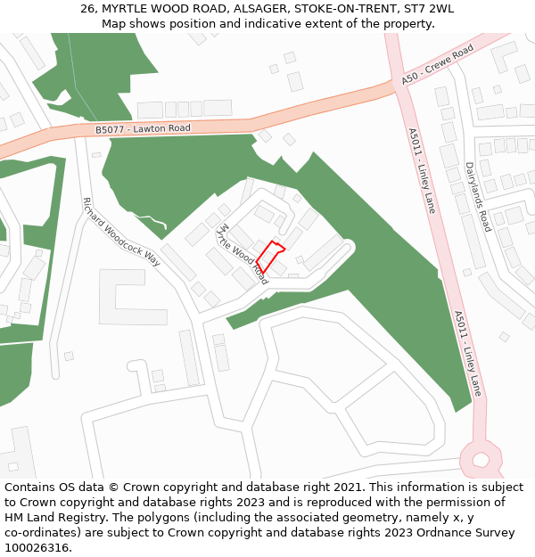 26, MYRTLE WOOD ROAD, ALSAGER, STOKE-ON-TRENT, ST7 2WL: Location map and indicative extent of plot