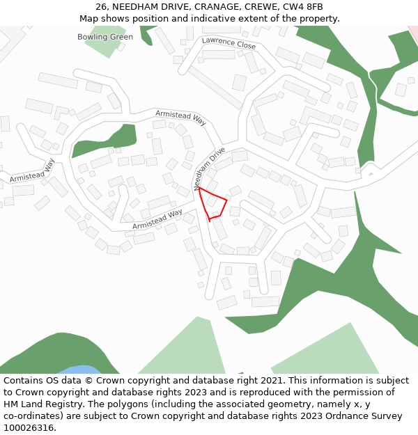 26, NEEDHAM DRIVE, CRANAGE, CREWE, CW4 8FB: Location map and indicative extent of plot