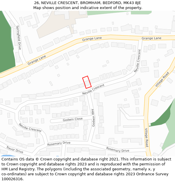 26, NEVILLE CRESCENT, BROMHAM, BEDFORD, MK43 8JE: Location map and indicative extent of plot