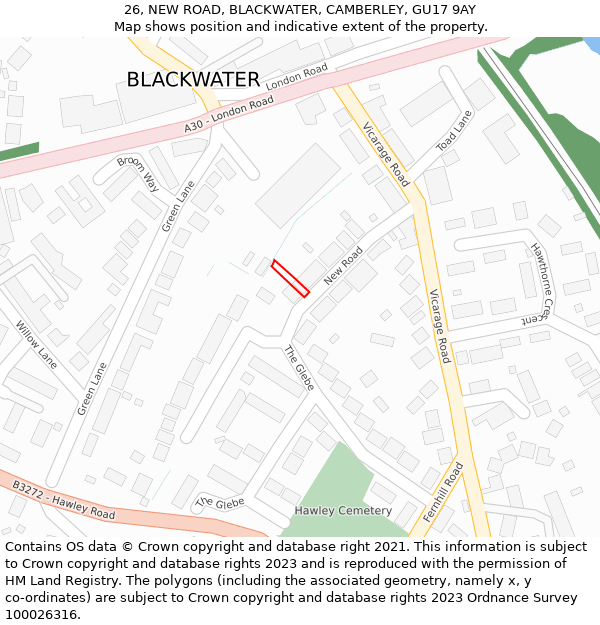 26, NEW ROAD, BLACKWATER, CAMBERLEY, GU17 9AY: Location map and indicative extent of plot