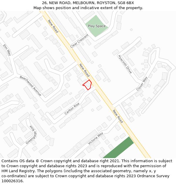 26, NEW ROAD, MELBOURN, ROYSTON, SG8 6BX: Location map and indicative extent of plot