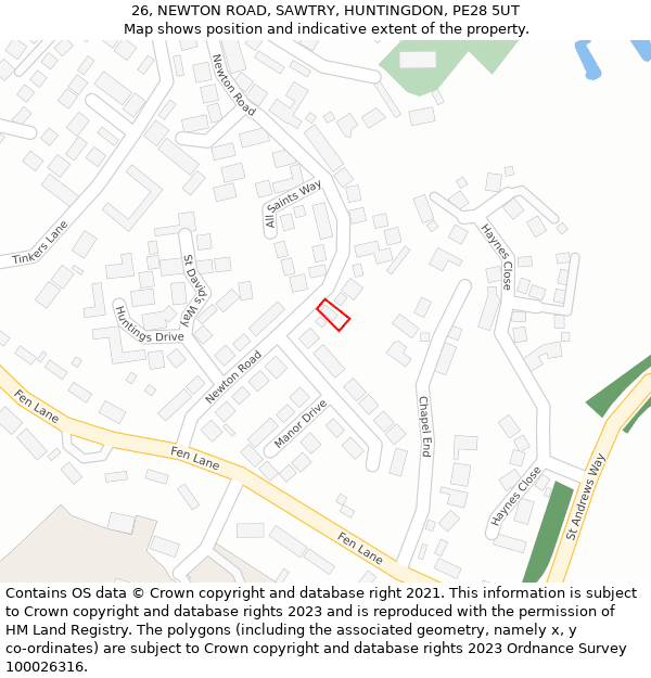 26, NEWTON ROAD, SAWTRY, HUNTINGDON, PE28 5UT: Location map and indicative extent of plot