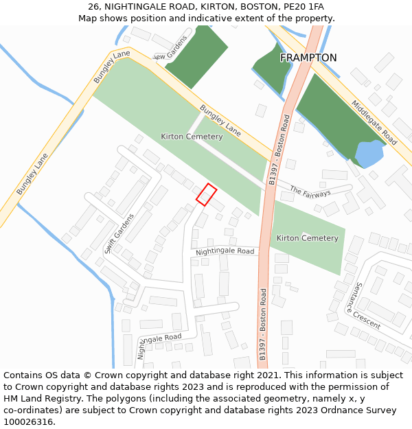 26, NIGHTINGALE ROAD, KIRTON, BOSTON, PE20 1FA: Location map and indicative extent of plot