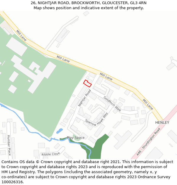 26, NIGHTJAR ROAD, BROCKWORTH, GLOUCESTER, GL3 4RN: Location map and indicative extent of plot