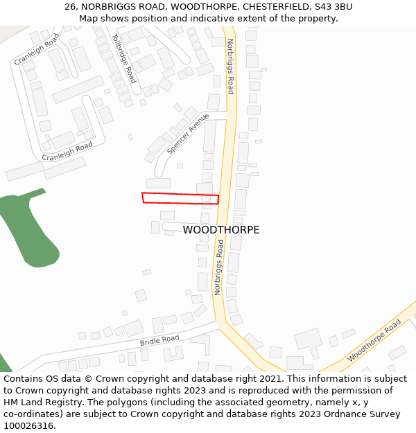26, NORBRIGGS ROAD, WOODTHORPE, CHESTERFIELD, S43 3BU: Location map and indicative extent of plot
